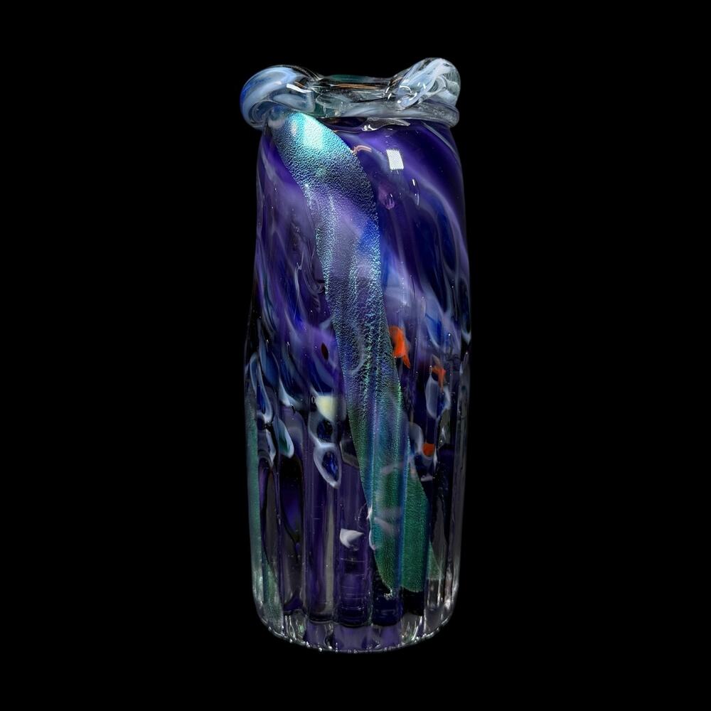 CWK 1993 Signed Art Glass Vase Purple Blue Iridescent Handblow Studio 7.5"